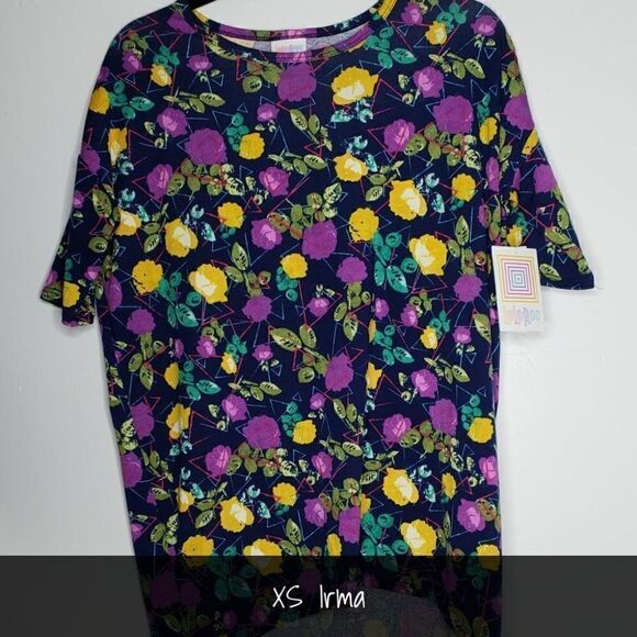 LuLaRoe Irma Tunic Extra Small XS Floral Purple Yellow NEW - Picture 1 of 1